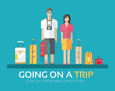 平面设计背景概念中的旅行度假行李 已婚夫妇在旅行中收集东西 您的产品或插图 网络和移动应用程序的图标配饰男人休息潮人游客航程季节图片