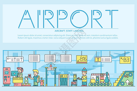 在机场设计中工作和登记人员和行李的细线工作人员 注册大纲矢量图的概念金属等候接待员旅行假期入口航班运输雇主自动扶梯图片