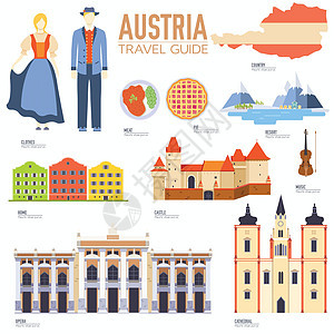 国家地区奥地利旅游度假指南的景点和特色 一套建筑人文化图标背景概念 用于网络和移动设备的信息图表模板设计 在平面风格卡通片小提琴图片