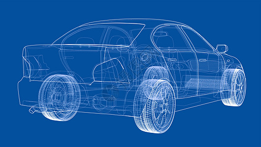 汽车分解图概念车大纲数字化驾驶绘画3d插图陈列室车辆框架保险杠草稿背景