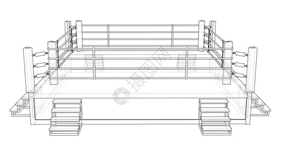 在白色背景上的拳击台平台戒指草稿斗争蓝图帖子螺丝草图竞技场运动图片