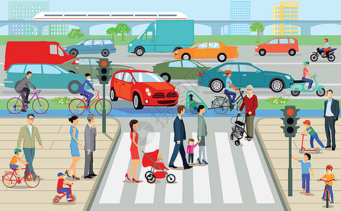 有行人过境和公路交通的城市 插图图片