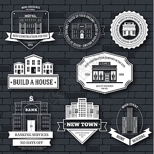 城市建筑标志元素的城市建筑标签模板为您的产品或 designweb 和移动应用程序与文本 邮票符号上带有细线孤立图标的矢量图解图片