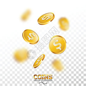 在透明背景上的现实金币插图 带有美元符号的孤立下落硬币 矢量成功概念设计金子金融大奖运气财富现金市场金属商业银行业图片