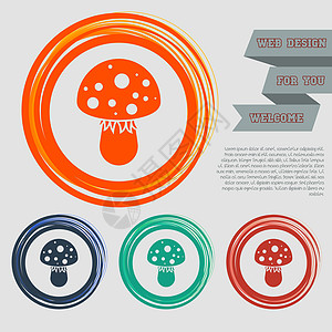 红色 蓝色 绿色 橙色按钮上的苍蝇蘑菇图标 用于网站和带有空间文字的设计 矢量图片