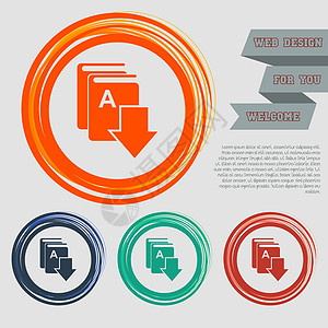 下载书本 e - 在红 蓝 绿 橙的网页按钮上显示电子图标 并用空间文字设计 矢量图片