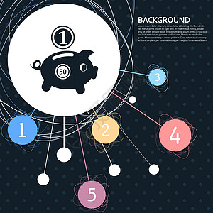 小猪银行和美元硬币图标 其背景指向点并带有信息地理风格 矢量图片