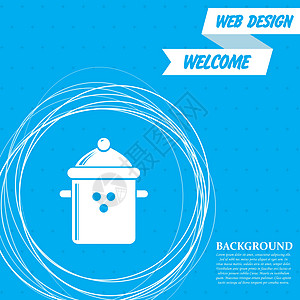 蓝色背景上的平底锅烹饪图标 周围有抽象圆圈 并为您的文本放置 韦克托图片