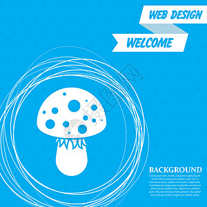 在蓝色背景上飞木耳蘑菇图标 周围有抽象圆圈 并为您的文本放置 韦克托图片