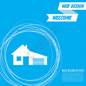 在蓝色背景抽象圆圈周围和文字位置上带有车库图标的家居图标 矢量图片