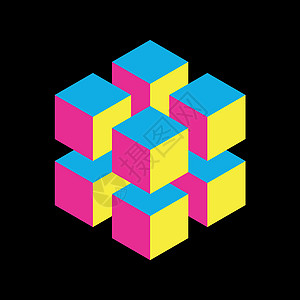 8 个较小的 CMYK 颜色等距立方体的几何立方体 抽象设计元素 科学或建筑概念 3D 矢量对象图片