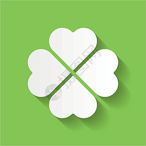 三叶草-白色四叶草图标 祝你好运主题和圣帕特里克符号设计元素 在绿色背景上隔离长阴影效果的简单矢量图解图片