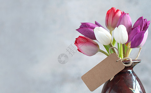 礼品花花广告白色紫丁香妈妈们丝带标签郁金香粉色花朵周年图片