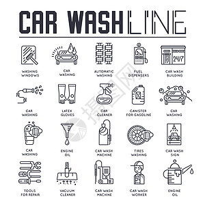 细线 24 7 工作洗车与不同的设备工具概念 平面轮廓洗车服务大楼的地方 矢量插图设计图标图片