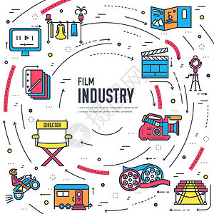 优质影院行业细线设计套装 拍摄简约符号信息图表 和插图概念的大纲电影技术模板推介会风景展示铸件摩托车工作室特技广告操作员卷轴背景图片