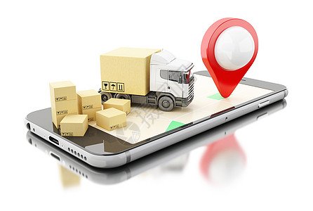 带纸板箱的 3D 智能手机 送货运输概念物流盒子命令互联网货运贮存货物包装电子商务电话图片