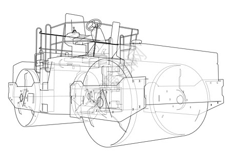 压实Ashalt 紧压器概述矢量草图铺路蓝图建筑维修工作压力车轮活动机械设计图片