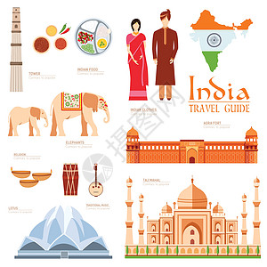 国家印度旅游度假指南的商品和功能 一套建筑时尚人物项目自然背景概念 在平面样式上为 web 和移动设备设计的信息图表模板文化宗教图片