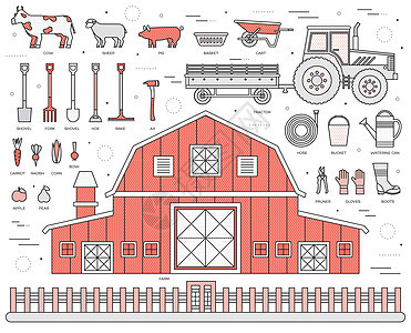 村落中的有机农场和细线风格设计的瓷砖 仪器花卉蔬菜水果干草农场建筑动物拖拉机工具服装 矢量插图背景概念蜜蜂植物信息食物奶牛农家南图片