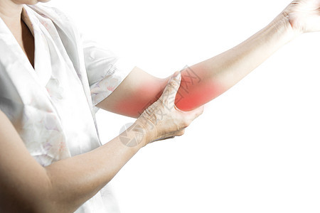 女人触摸着她痛苦的手肘 一个女人手肘极度疼痛扭伤红色解剖学按摩肌肉药品治疗白色蓝色疾病图片