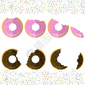 火花背景上的甜粉粉粉和棕色甜甜圈 快餐图标平板设计 顶级视图图片