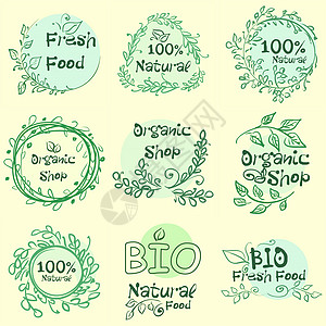 100 种有机产品和优质天然食品徽章元素的平面标签集合 孤立在白色背景上 设计风格现代理念框架横幅艺术叶子星星资源标识生物食物回图片