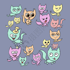 一群可爱的卡通猫在黑暗背景上 有着不同的颜色和情感图片
