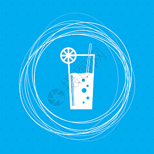 鸡尾酒图标在蓝色背景上 周围有抽象的圆圈和文字的位置图片