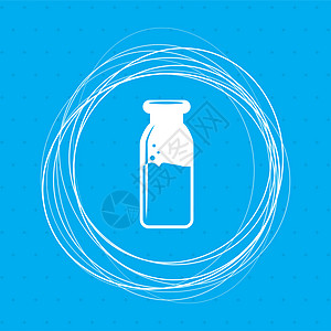 蓝色背景上的传统奶瓶图标 其周围和文字位置都有抽象的圆圈 请查看InfoFinland上的图片