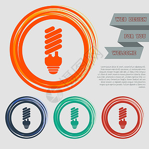 用于您网站的红色蓝色绿色橙色按钮上的节能灯泡图标和带有空格文本的设计图片