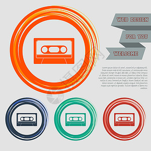 用于您网站的红色蓝色绿色橙色按钮上的盒式磁带图标和带空格文本的设计图片