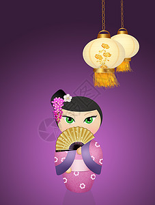 Kokeshi娃娃和中国灯笼文化花朵天灯玩具新年快乐庆典女士飞行插图图片