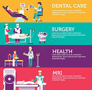 横幅集诊所牙科手术保健和体检医生收集概念 复古风格背景中的矢量商业医学平面图标图片