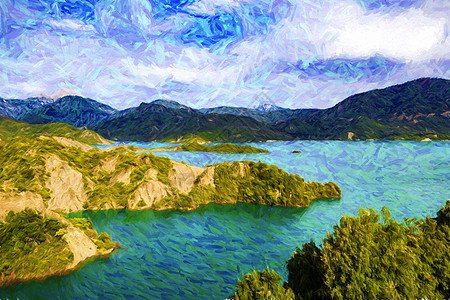 希腊Evrytania地区 克雷马斯塔湖吸引力丘陵印象派全景季节国家农村蓝色树叶天空图片