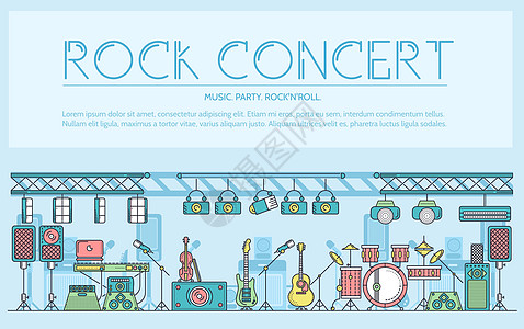 具有不同音乐乐器和设备的细线舞台 用于电镀摇滚概念 摇滚音乐会设计它制作图案的矢量平面轮廓节旋律运动青年仪器夜生活乐趣艺术庆典摇图片