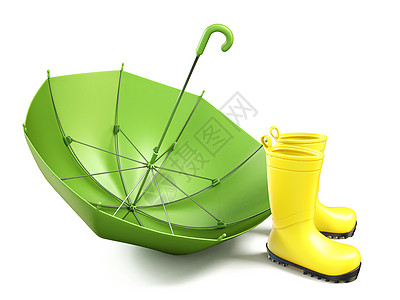 一双黄色雨靴和一把绿色雨伞 3鞋类雷雨季节衣服气象胶靴风暴预报靴子气候图片