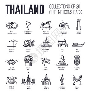 泰国国家旅游度假指南的商品 地点和特色 集建筑 时尚 人物 物品 自然背景概念于一体 传统民族平面 轮廓 细线图标图片