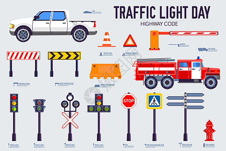 交通灯日和高速公路代码图标设置 矢量城市标志道路交通图解设备红绿灯信号行人街道卡车景观建造安全引擎穿越图片
