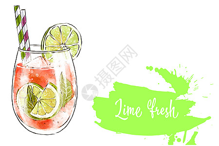 Colorfu 手绘插图 新鲜水果的美味冰沙 新鲜的夏季鸡尾酒配酸橙和橙汁 加冰块和吸管的玻璃杯 健康饮品 维生素天然饮料叶子玻图片