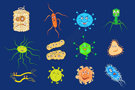 在白色上分离的好细菌和坏细菌卡通人物 一组平面卡通风格的有趣细菌 好的和坏的微生物 肠道细菌 肠道和肠道菌群图片