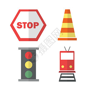 有关交通的图标设置 使用火车 停车标志 锥体和交通灯图片