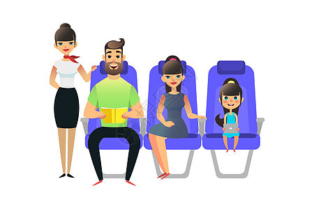 快乐卡通家庭旅行 旅行的人乘客和飞机上的人 男人女人和女孩坐在扶手椅上 父亲带着书 女儿带着小工具男性木板食物插图卡通片商业服务图片