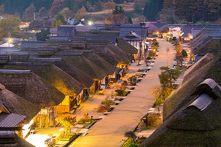 Ouchujuku 村落日福岛日本街道照明旅行村庄地标内宿路线房子日落邮政图片