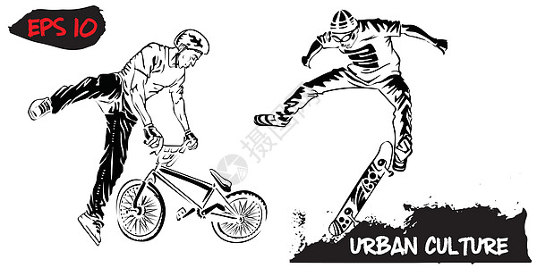 与城市文化的代表进行说明 BMX骑手和滑冰者在白色背景中被孤立 极端主题为现代印刷品图片
