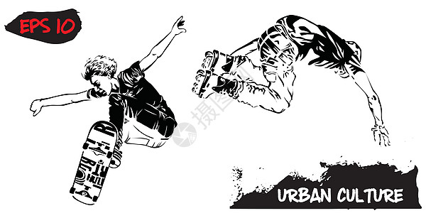 与城市文化代表的插图 在白色背景上孤立的跳跃中的滚轴和溜冰者 极端主题现代印花图片