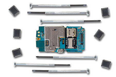 已拆卸的移动电话和工具白色电路服务记忆技术螺丝刀损害手机屏幕芯片图片