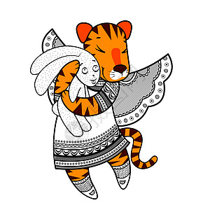 儿童美术可爱的老虎 有翅膀 穿着漂亮的衣服 爪子里有一只毛绒兔子插画