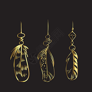 豪华手绘金色羽毛隔离在黑色背景上 您设计的矢量元素卡片金子魔法文化珠子中风精神装饰品草图电路图片