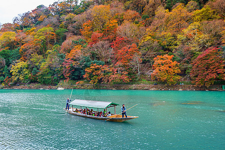 在日本京都沿河的秋季亚林山号上 船手在日本京都旅行和服文化花园叶子竹子旅游森林月桥女孩图片