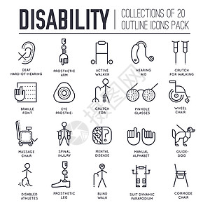 关心有残疾的人细线插图概念 平面轮廓世界残疾日图标设置插图 芒的矢量元素帮助背景图片